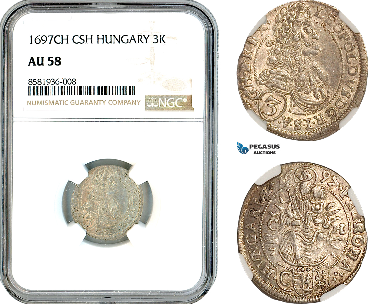 AL120, Hungary, Leopold I, 3 Krajczar 1697 CH CSH, Pressburg Mint, Silver, NGC AU58