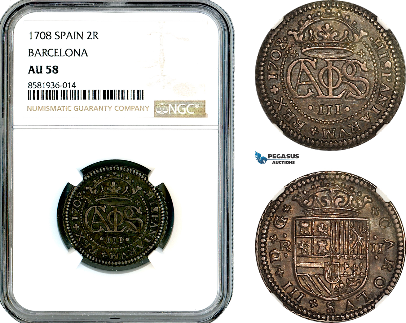AL124, Spain, Catalonia, Charles III, 2 Reales 1708, Barcelona Mint, Silver, NGC AU58