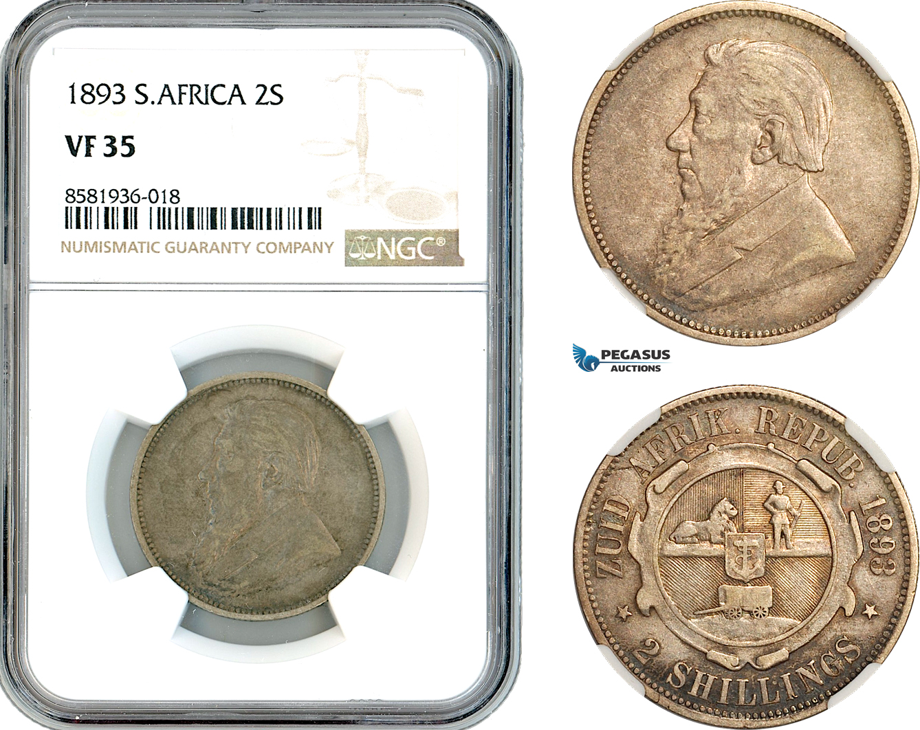 AL125, South Africa (ZAR) 2 Shillings 1893, Pretoria Mint, Silver, NGC VF35