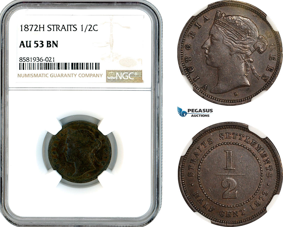 AL126, Straits Settlements, Victoria, 1/2 Cent 1872 H, Heaton Mint, NGC AU53BN