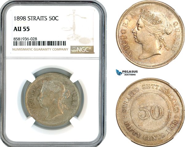 AL128, Straits Settlements, Victoria, 50 Cents 1898, London Mint, Silver, NGC AU55
