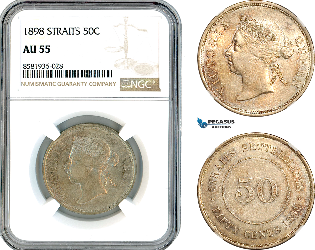 AL128, Straits Settlements, Victoria, 50 Cents 1898, London Mint, Silver, NGC AU55