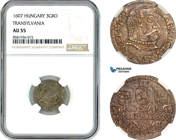 AL129, Transylvania, Stefan Bocskai, 3 Groschen 1607, Nagybanya Mint, Silver, NGC AU55