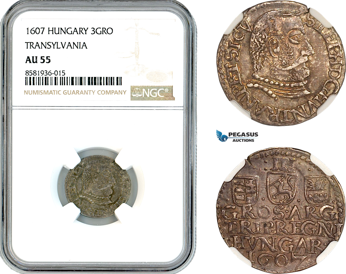 AL129, Transylvania, Stefan Bocskai, 3 Groschen 1607, Nagybanya Mint, Silver, NGC AU55