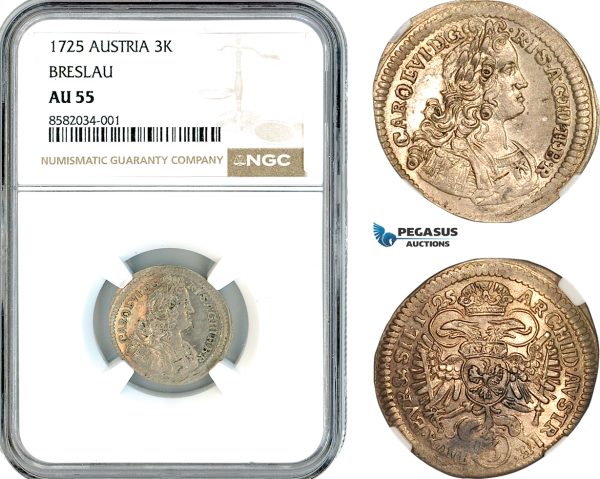 AL130, Austria, Silesia, Karl VI, 3 Kreuzer 1725, Breslau Mint (Poland) Silver, NGC AU55, Top Pop!