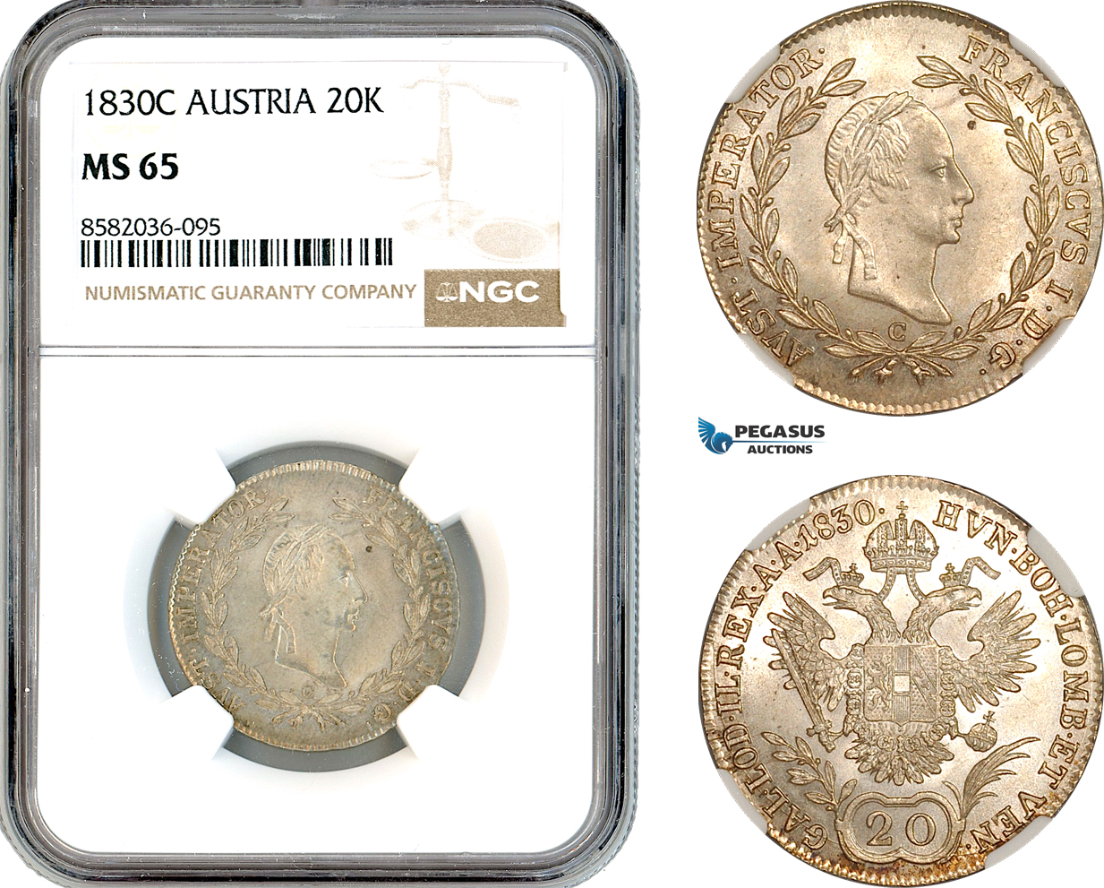 AL131, Austria, Franz II, 20 Kreuzer 1830 C, Prague Mint, Silver, NGC MS65