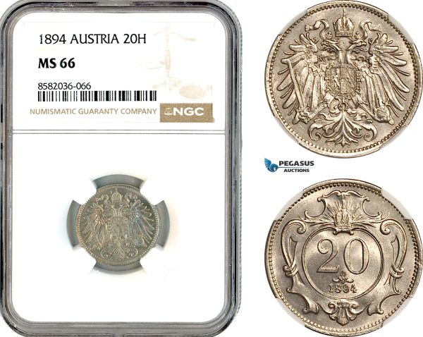 AL132, Austria, Franz Joseph, 20 Heller 1894, Vienna Mint, NGC MS66