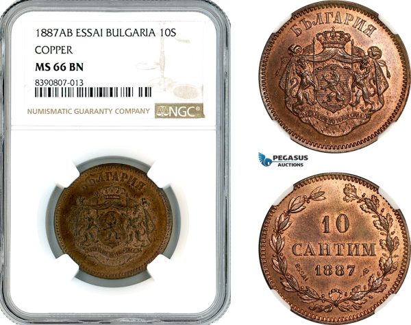 AL133, Bulgaria, Ferdinand I, ESSAI 10 Santim 1887 AB, Brussels Mint, Copper, KM-E3, NGC MS66 BN (RB in our opinion and SP strike), Top Pop! Very Rare!