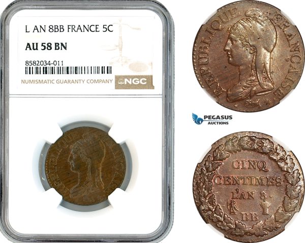 AL137, France, First Republic, 5 Centimes L'An 8 BB (1799), Strasbourg Mint, NGC AU58BN, Top Pop & Single finest graded! Rare!