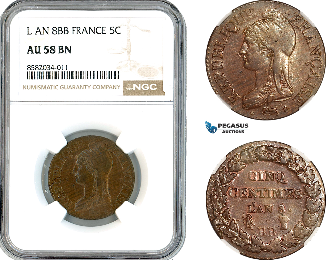AL137, France, First Republic, 5 Centimes L'An 8 BB (1799), Strasbourg Mint, NGC AU58BN, Top Pop & Single finest graded! Rare!