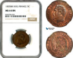AL138, France, Napoleon III, 5 Centimes 1855 B (Dog) Rouen Mint, NGC MS64BN, Slab Error as BB,Top Pop & Single finest graded!