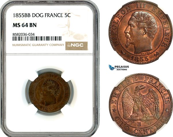 AL138, France, Napoleon III, 5 Centimes 1855 B (Dog) Rouen Mint, NGC MS64BN, Slab Error as BB,Top Pop & Single finest graded!