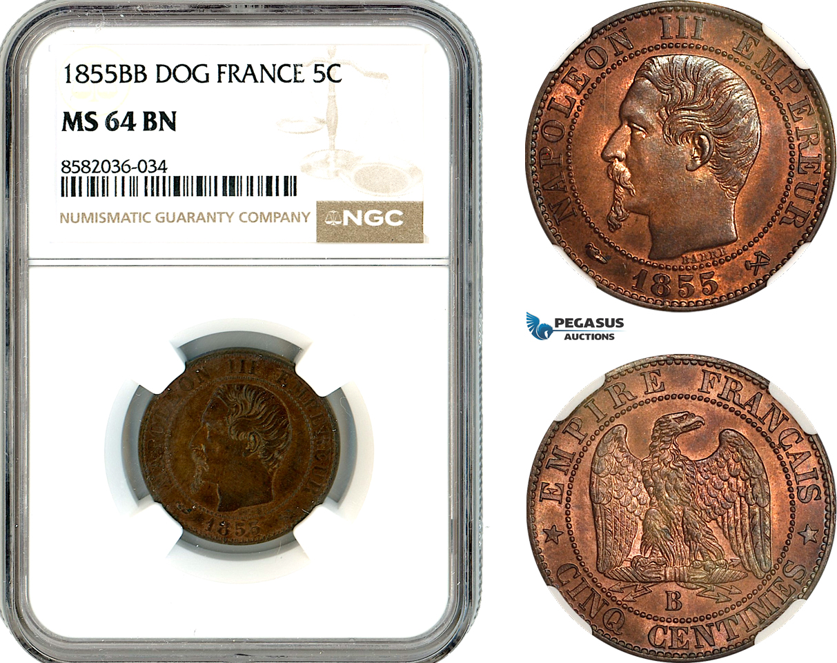 AL138, France, Napoleon III, 5 Centimes 1855 B (Dog) Rouen Mint, NGC MS64BN, Slab Error as BB,Top Pop & Single finest graded!