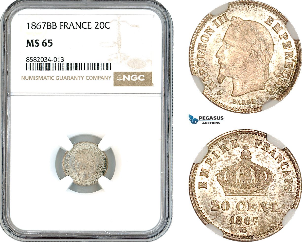 AL139, France, Napoleon III, 20 Centimes 1867 BB, Strasbourg Mint, Silver, NGC MS65