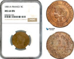 AL141, France, Third Republic, 5 Centimes 1881 A, Paris Mint, NGC MS64BN, Top Pop!