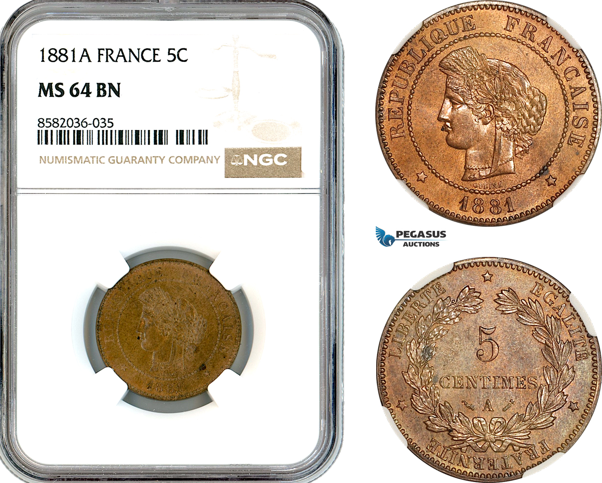AL141, France, Third Republic, 5 Centimes 1881 A, Paris Mint, NGC MS64BN, Top Pop!