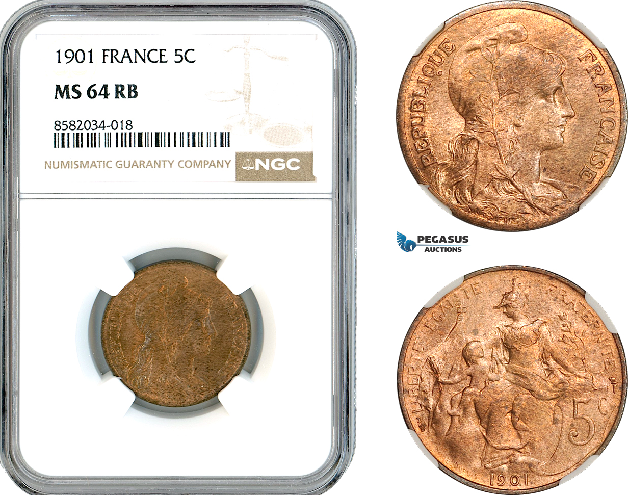 AL142, France, Third Republic, 5 Centimes 1901, Paris Mint, NGC MS64RB