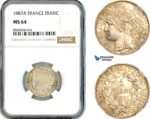 AL143, France, Third Republic, 1 Franc 1887 A, Paris Mint, Silver, NGC MS64