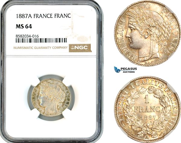 AL143, France, Third Republic, 1 Franc 1887 A, Paris Mint, Silver, NGC MS64