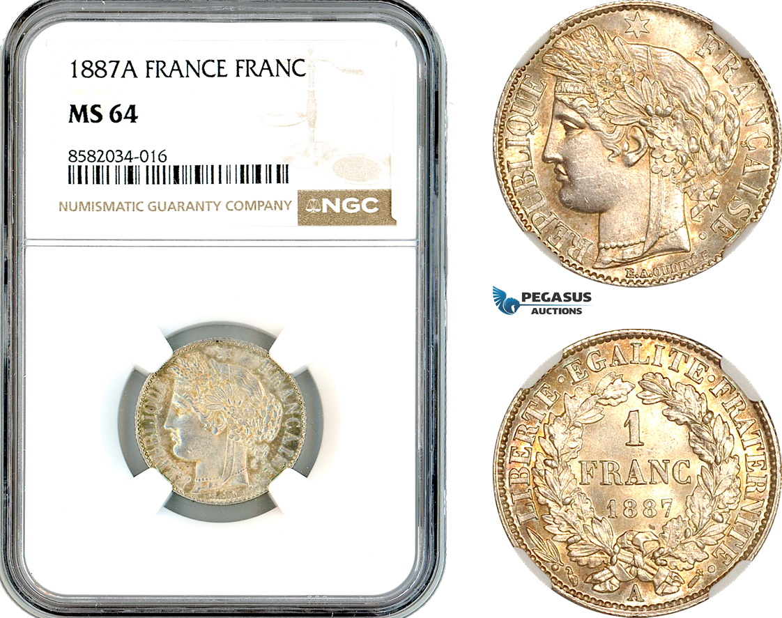 AL143, France, Third Republic, 1 Franc 1887 A, Paris Mint, Silver, NGC MS64