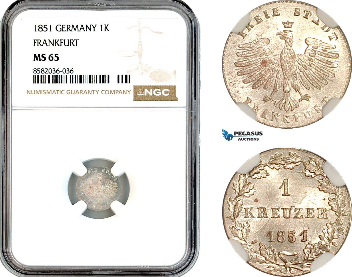 AL145, Germany, Frankfurt, 1 Kreuzer 1851, Billon, NGC MS65