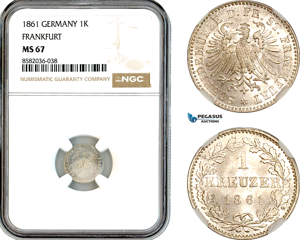 AL147, Germany, Frankfurt, 1 Kreuzer 1861, Billon, NGC MS67, Top Pop & Single Finest Graded!