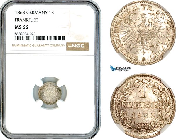 AL148, Germany, Frankfurt, 1 Kreuzer 1863, Billon, NGC MS66