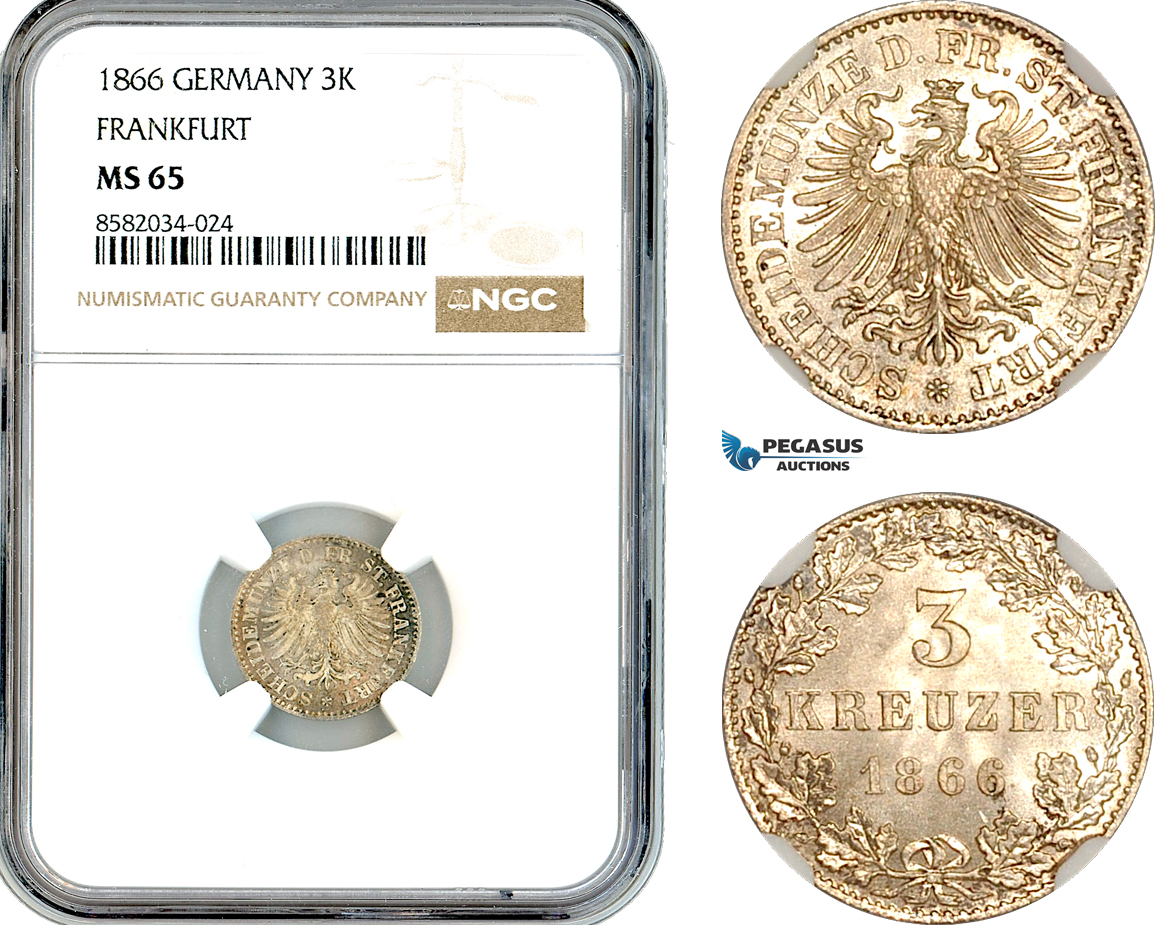 AL149, Germany, Frankfurt, 3 Kreuzer 1866, Billon, NGC MS65
