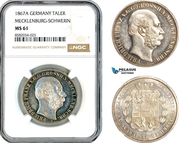 AL150, Germany, Mecklenburg-Schwerin, Friedrich Franz II, 1 Taler 1867 A, Berlin Mint, Silver, NGC MS61 (Prooflike)