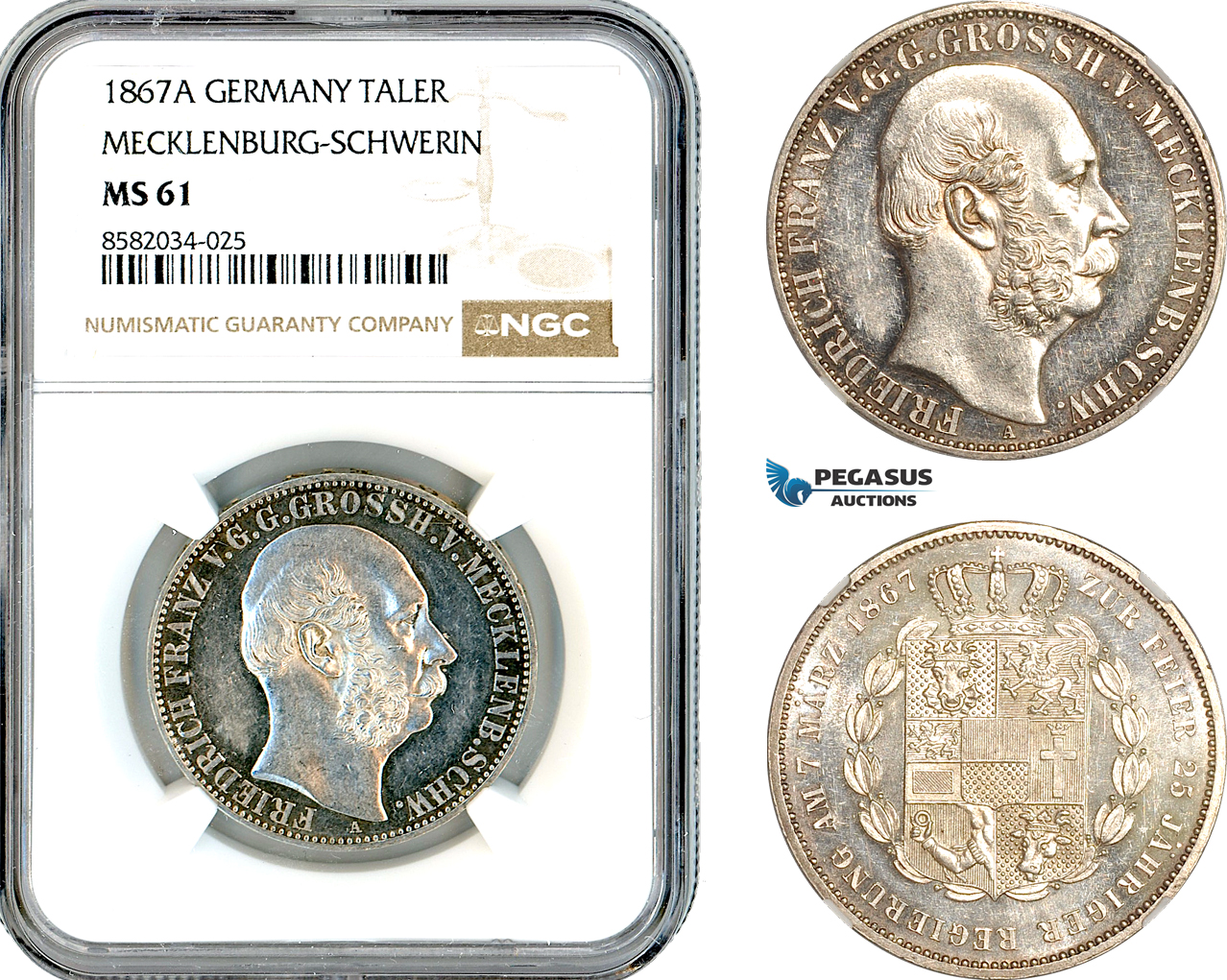 AL150, Germany, Mecklenburg-Schwerin, Friedrich Franz II, 1 Taler 1867 A, Berlin Mint, Silver, NGC MS61 (Prooflike)