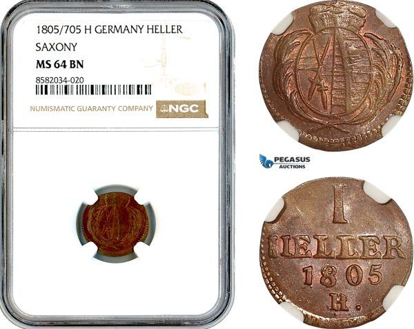 AL151, Germany, Saxony, Friedrich August III, 1 Heller 1805/705 H, Overdate, NGC MS64BN, Top Pop & Single finest graded!