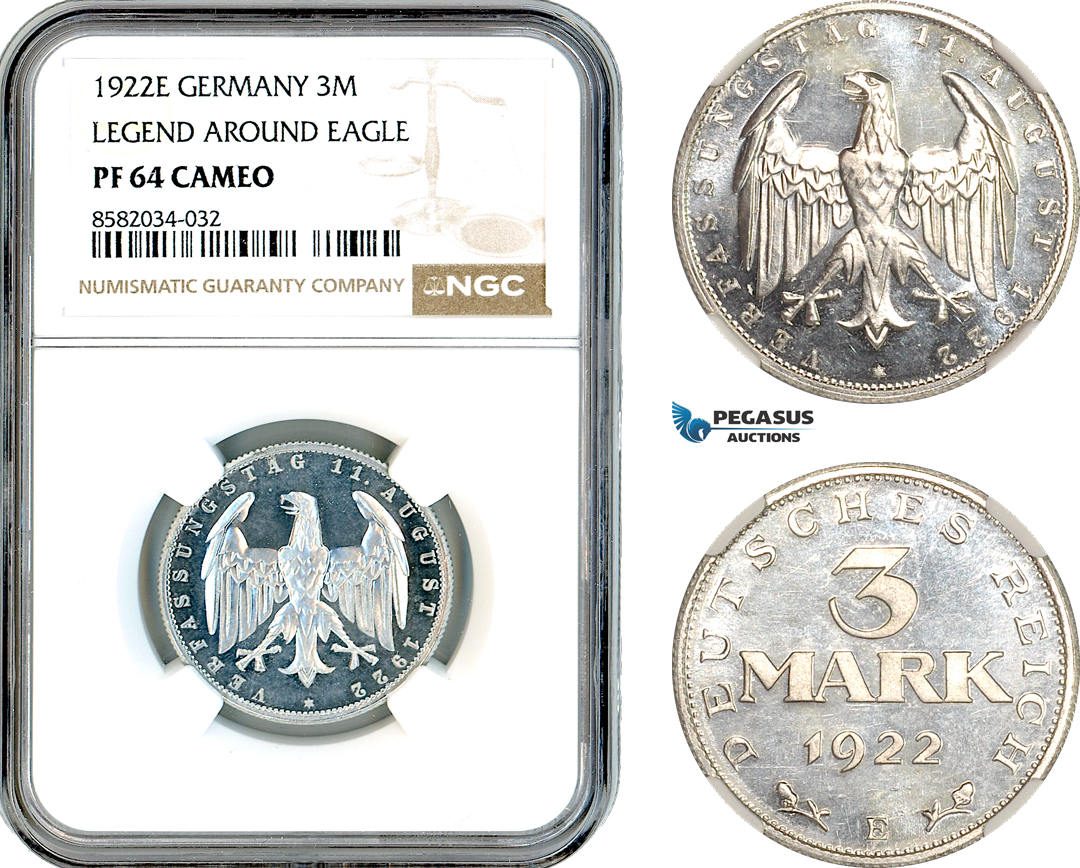 AL154, Germany, 3 Mark 1922 E, Weimar Constitution, Muldenhutten Mint, NGC PF64 Cameo