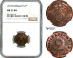 AL155, Germany, Third Reich, 2 Reichspfennig 1937 F, Stuttgart Mint, NGC MS65BN, Top Pop!