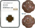 AL156, Germany, Third Reich, 2 Reichspfennig 1937 F, Stuttgart Mint, NGC MS65BN, Top Pop!