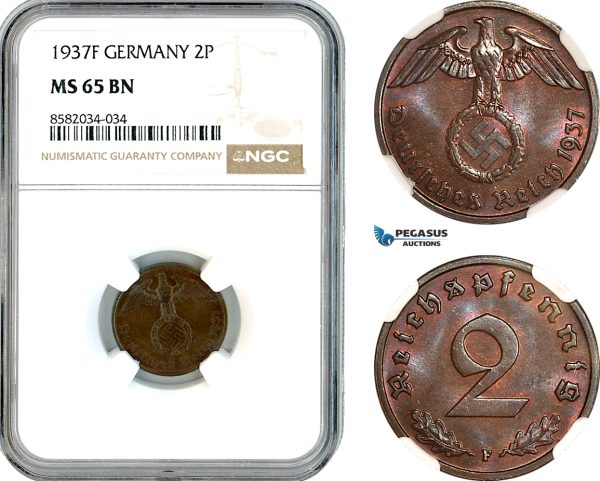AL156, Germany, Third Reich, 2 Reichspfennig 1937 F, Stuttgart Mint, NGC MS65BN, Top Pop!