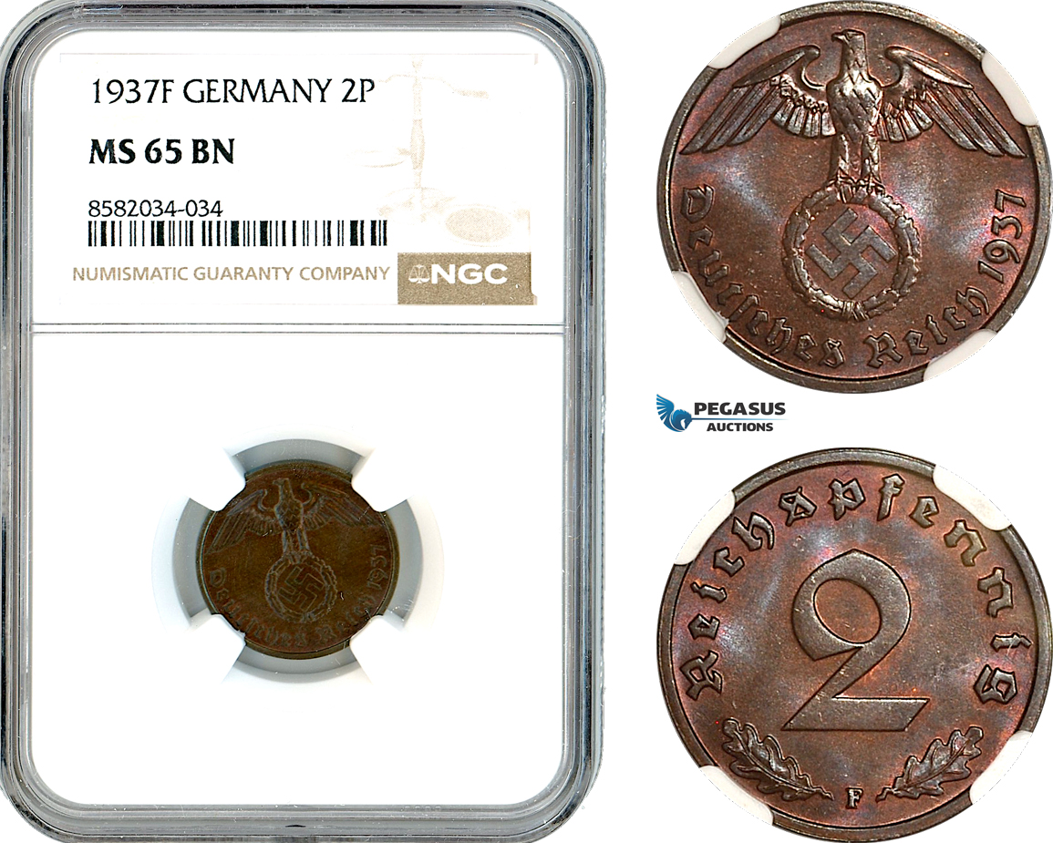 AL156, Germany, Third Reich, 2 Reichspfennig 1937 F, Stuttgart Mint, NGC MS65BN, Top Pop!
