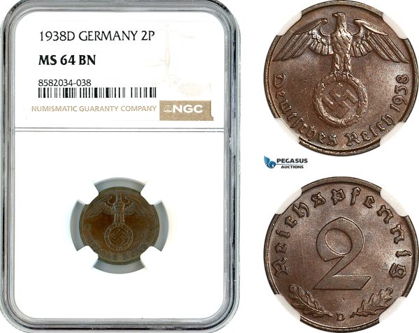 AL157, Germany, Third Reich, 2 Reichspfennig 1938 D, Munich Mint, NGC MS64BN