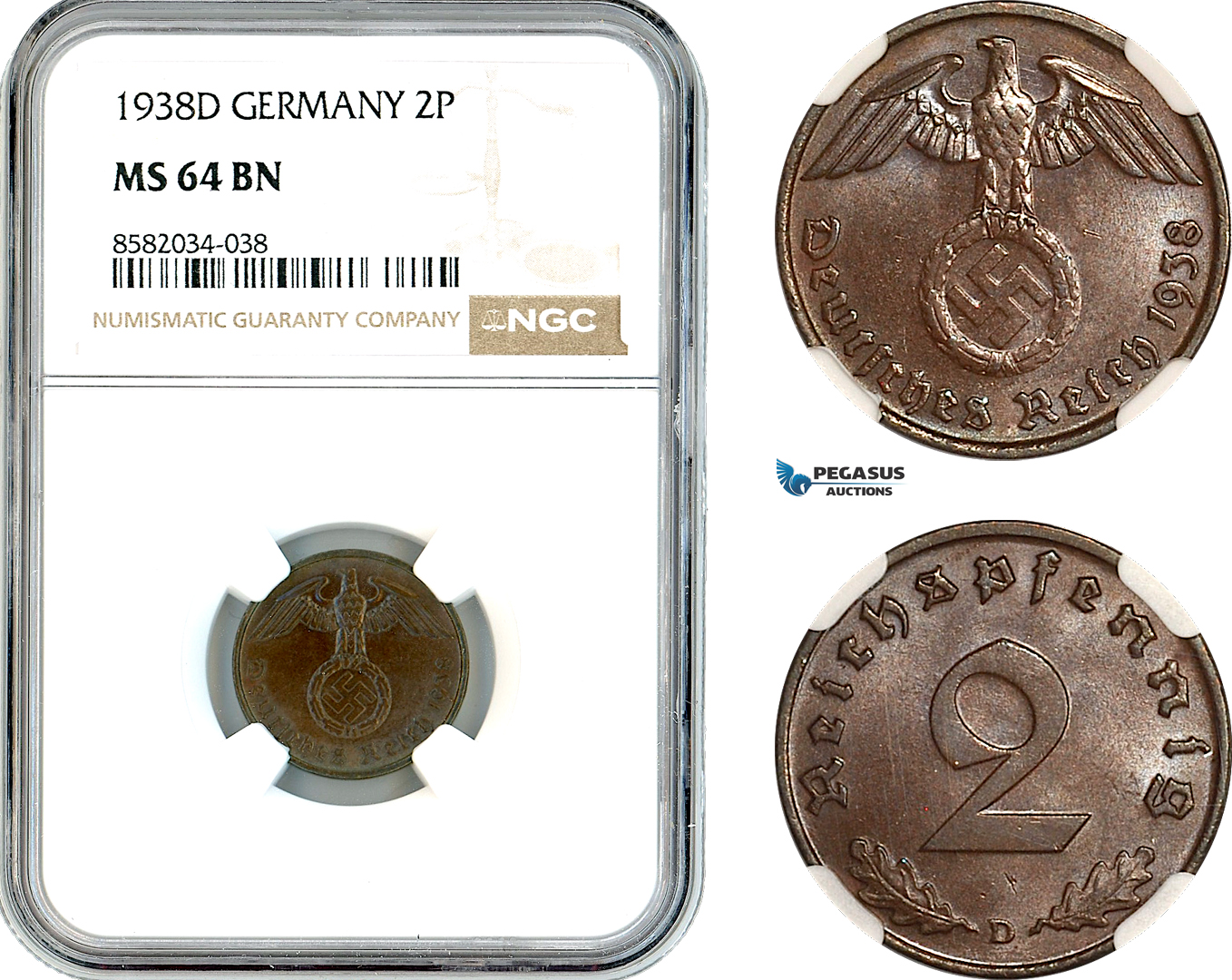 AL157, Germany, Third Reich, 2 Reichspfennig 1938 D, Munich Mint, NGC MS64BN