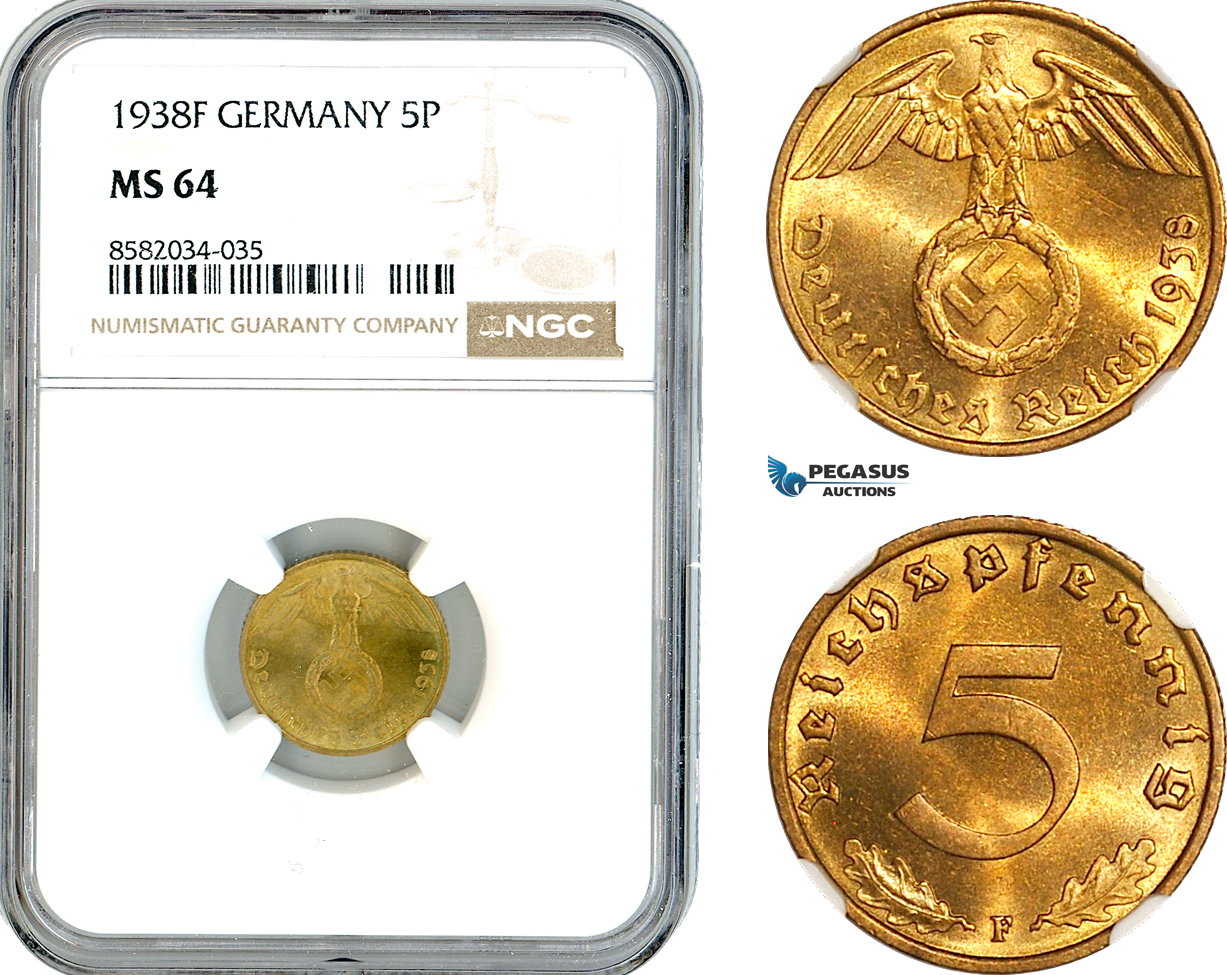 AL158, Germany, Third Reich, 5 Reichspfennig 1938 F, Stuttgart Mint, NGC MS64