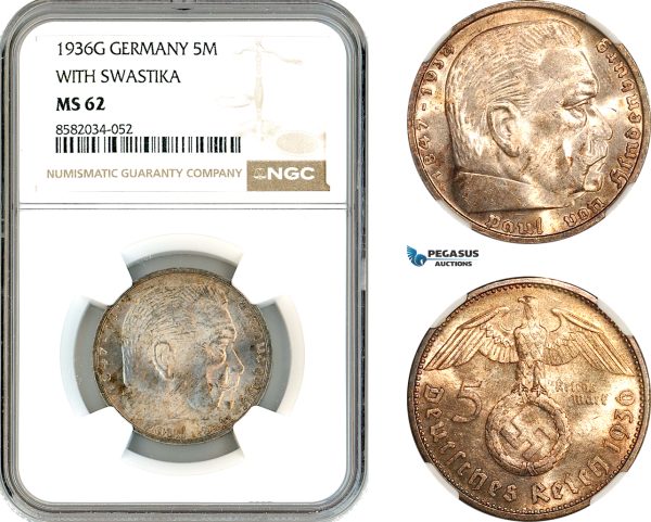 AL159, Germany, Third Reich, 5 Mark 1936 G, Karlsruhe Mint, With Swastika, Silver, NGC MS62