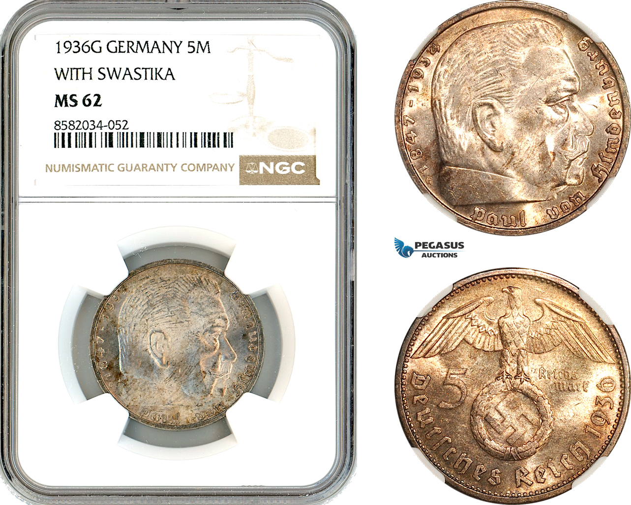 AL159, Germany, Third Reich, 5 Mark 1936 G, Karlsruhe Mint, With Swastika, Silver, NGC MS62