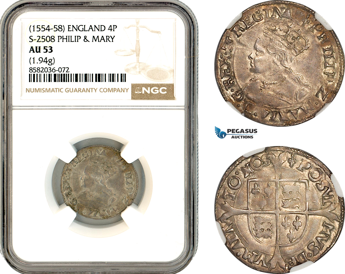 AL016, England, Philip and Mary, 4 Penny (Groat) ND (1554-1558), Silver, S-2508, NGC AU53, Top Pop & Single finest graded!