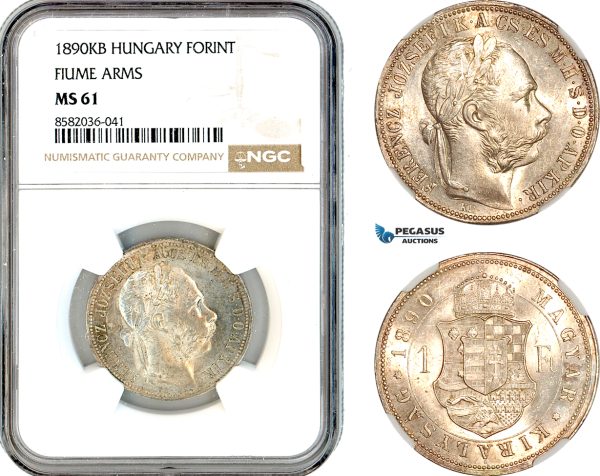 AL163, Hungary, Franz Joseph, 1 Forint 1890 KB, Kremnitz Mint, Fiume Arms, Silver, NGC MS61