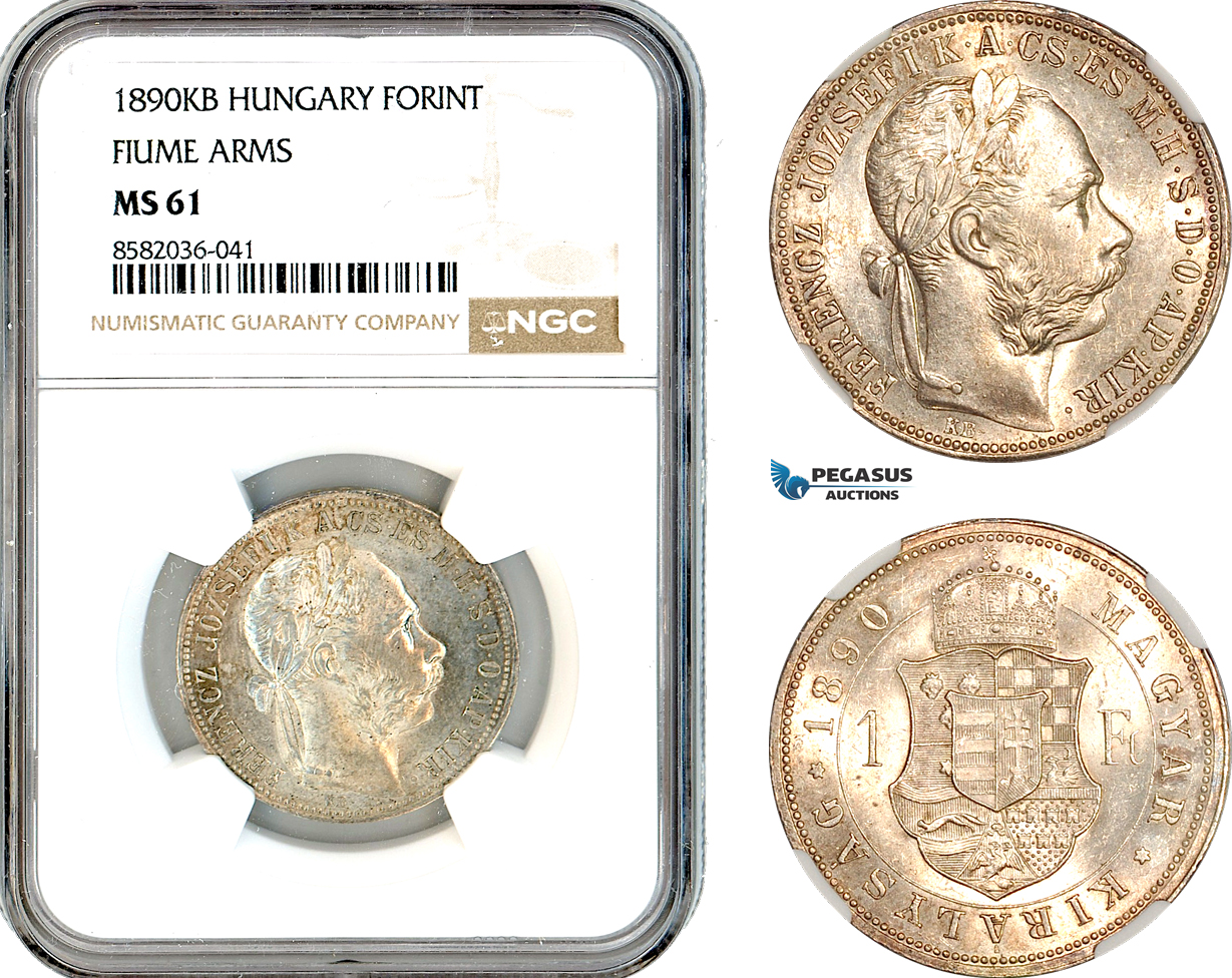 AL163, Hungary, Franz Joseph, 1 Forint 1890 KB, Kremnitz Mint, Fiume Arms, Silver, NGC MS61