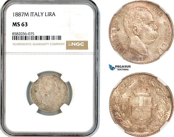AL164, Italy, Umberto I, 1 Lira 1887 M, Milan Mint, Silver, NGC MS63