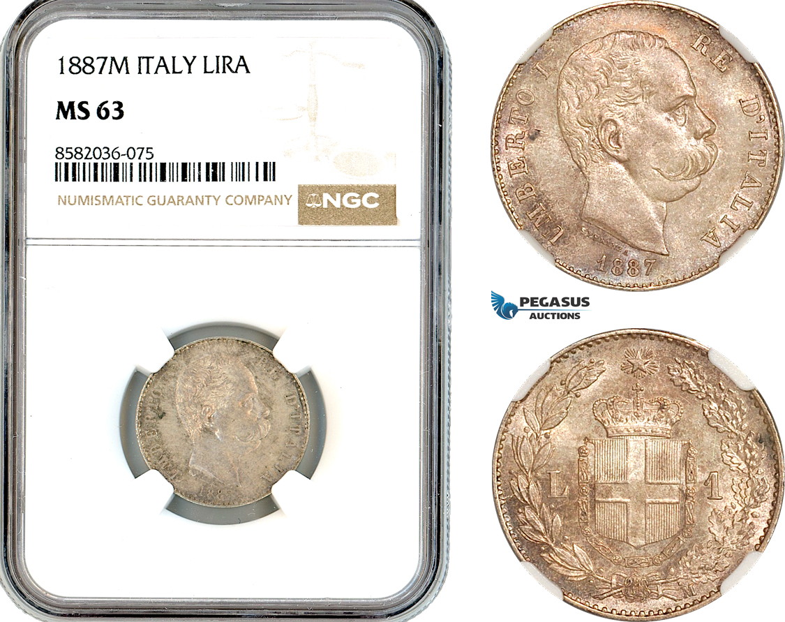 AL164, Italy, Umberto I, 1 Lira 1887 M, Milan Mint, Silver, NGC MS63