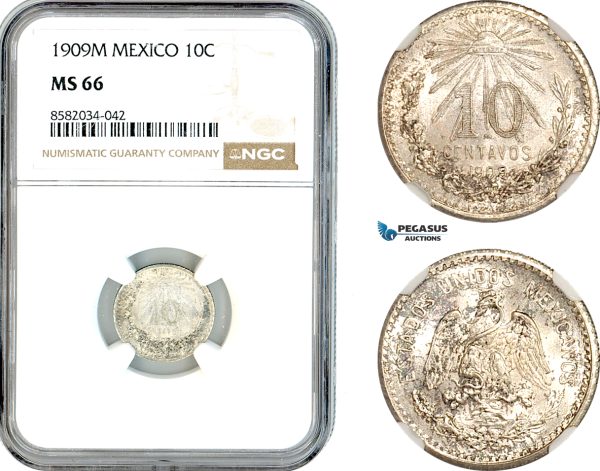 AL165, Mexico, 10 Centavos 1909 M, Mexico City Mint, Silver, NGC MS66