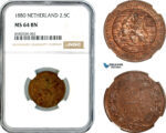 AL167, Netherlands, William III, 2 1/2 Cents 1880, Utrecht Mint, NGC MS64BN