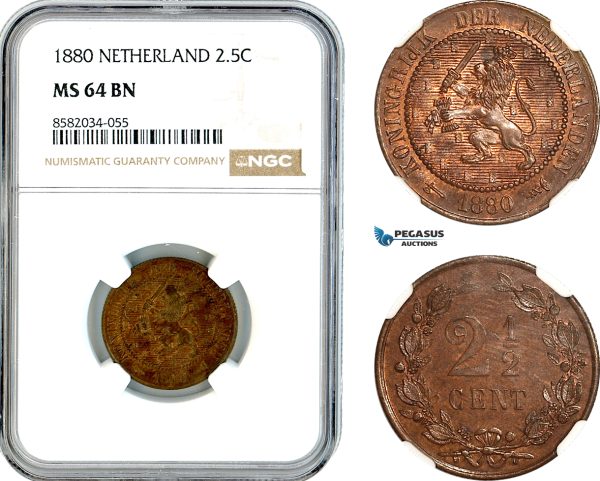 AL167, Netherlands, William III, 2 1/2 Cents 1880, Utrecht Mint, NGC MS64BN