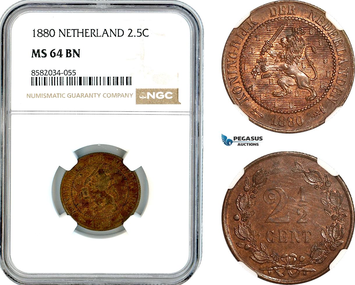 AL167, Netherlands, William III, 2 1/2 Cents 1880, Utrecht Mint, NGC MS64BN